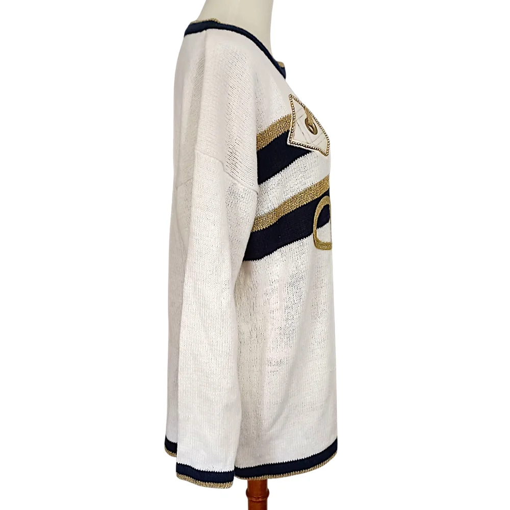 Vtg Cedars Nautical Sweater M Oversized Coastal‎ Ramie Preppy Yacht Club Chunky